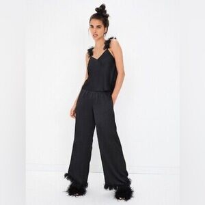 For Love And Lemons Black Feather-Trim Pajama Jumpsuit